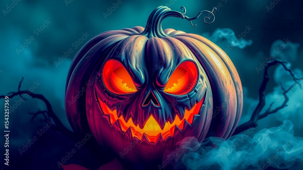 Fototapeta premium An artistic depiction of a creepy pumpkin that inspires thought and awakens the imagination. The rich color palette enhances the fairy-tale effect.