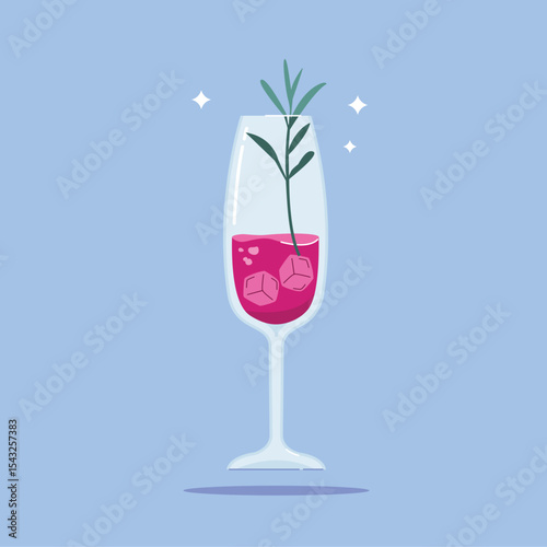 alcoholic beverage in Champagne Flute Glass. Summer appetizer decorated with rosemary leaves. Illustration of soft and alcoholic beverages.