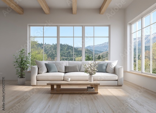 3D rendering of a modern living room interior design with a sofa and coffee table against a window with a view of a natural landscape background, in bright daylight, with a minimalistic style, wooden 
