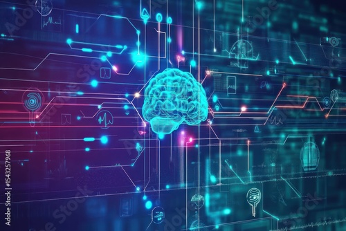Modern digital healthcare design with AI lines, neural data and futuristic symbols
