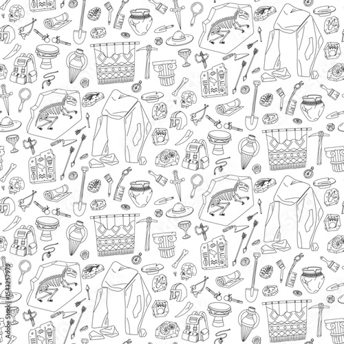 Pattern doodle illustrations of archaeological sites. Historical finds in a seamless texture. For educational projects, infographics, books, presentations, and historical-themed designs