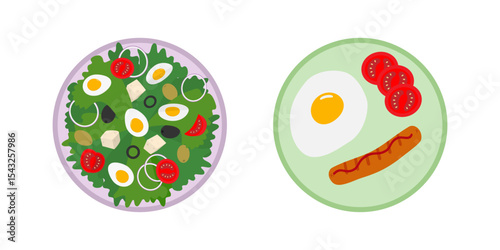 Boiled eggs with tomatoes and olives and Fried Egg with yolk and sausage on Plate Breakfast Food Set