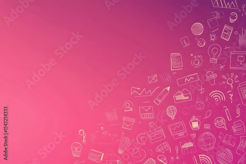 Modern business start-up background, pink gradient with icons and space for text, horizontal layout