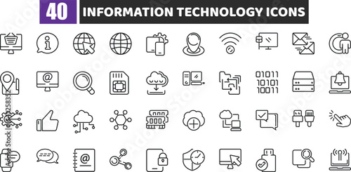 Information Technology Line Icon Set | Vector IT Symbols for Web, Cloud, Network, and Communication