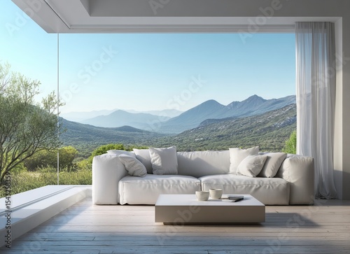 3D rendering of a modern living room interior design with a sofa and coffee table against a window with a view of a natural landscape background, in bright daylight, with a minimalistic style, wooden 