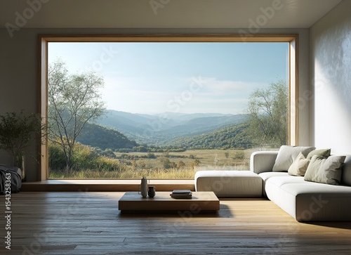 3D rendering of a modern living room interior design with a sofa and coffee table against a window with a view of a natural landscape background, in bright daylight, with a minimalistic style, wooden 