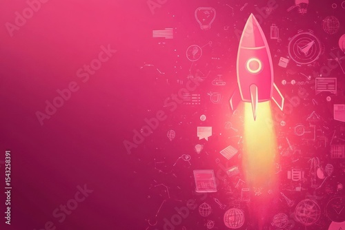 Modern business start-up background, pink gradient with icons and space for text, horizontal layout
