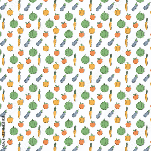 Seamless Cute Vegetable Pattern with Pumpkin, Zucchini, Carrot, Tomato and Cabbage