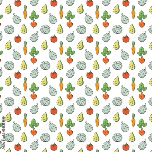 Seamless Pattern with Hand Drawn Vegetables – Avocado, Tomato, Carrot, Onion, Cabbage