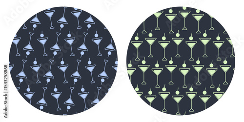 Triangular Glasses and cherry Minimalist backdrop design Seamless Pattern on Circle Backgrounds Fond