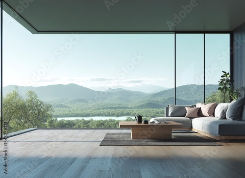 3D rendering of a modern living room interior design with a sofa and coffee table against a window with a view of a natural landscape background, in bright daylight, with a minimalistic style, wooden 