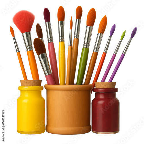Paint brushes in jars isolated on white background