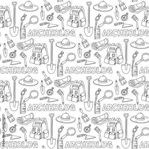 Doodle pattern of archaeologist items with monochrome inscription Archaeologist doodle. Brushes, map, shovel, compass, hat, backpack in seamless texture. for scientific posters, books, articles