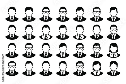 A collection of faceless avatar icons representing diverse professionals in black and white for business contexts and user interfaces, silhouette