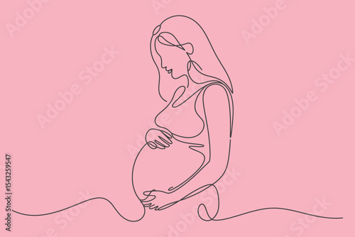 Pregnant woman one line drawing pink background