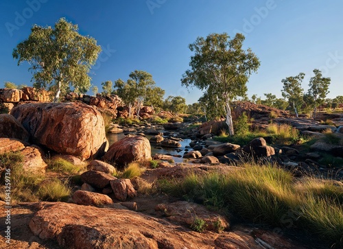 A beautiful landscape of the late afternoon in Australia's outback, with a clear blue sky, boulders and rocks on the ground surrounded by green vegetation around a small river, and a few eucalyptus 