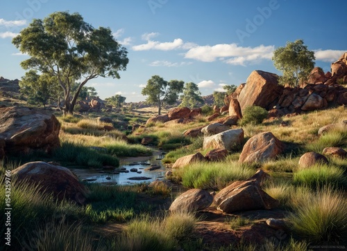 A beautiful landscape of the late afternoon in Australia's outback, with a clear blue sky, boulders and rocks on the ground surrounded by green vegetation around a small river, and a few eucalyptus 