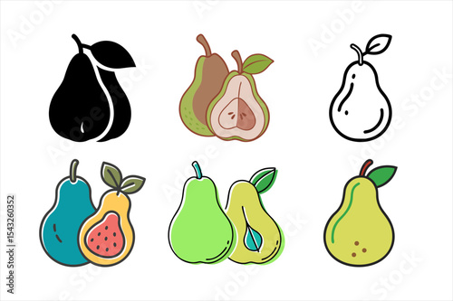 "Pear Fruit Vector Icons – Colorful, Outline, and Flat Design Set"

