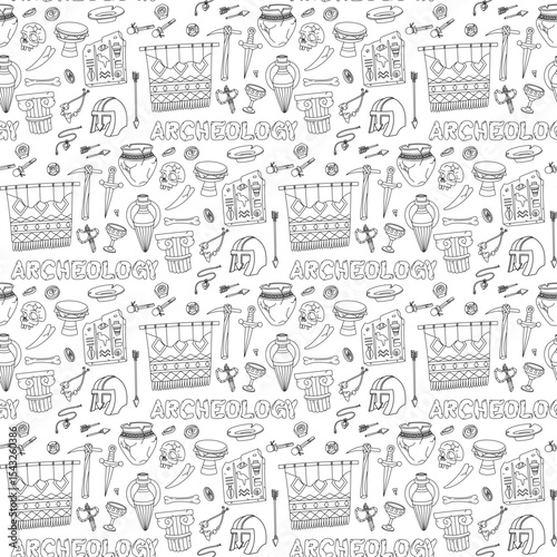 pattern of doodle objects related to human life, with inscription Archeology. Jugs, plates, bones, blades, architecture in seamless texture. Scientific posters, books, articles, educational materials