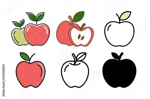 "Apple Fruit Vector Set – Cartoon Red Apples with Slices, Leaves, and Outlines"

