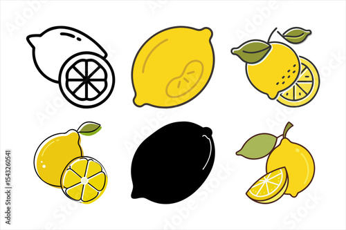"Lemon Fruit Vector Set – Cartoon Lemons with Slices, Leaves, and Outlines"

