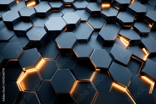 Metallic hexagons forming abstract digital wall, futuristic lighting