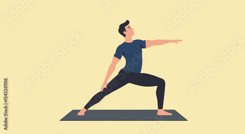  Flat vector male doing yoga warrior