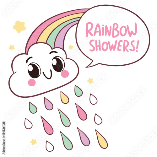Flat design vector of a happy cloud raining colorful drops with caption 'Rainbow Showers!'. Perfect for weather, fun, and inspiration. Not AI-Generated