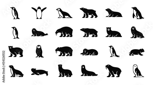 An assortment of arctic animals presents icons of penguins, seals, walruses, and polar bears in a simple, elegant black and white graphic design, silhouette