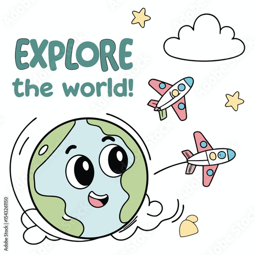 Flat design vector of a smiling Earth and airplane with caption 'Explore the World!'. Great for travel, adventure, and learning. Not AI-Generated