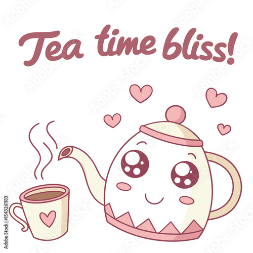 Flat design vector of a cute teapot and teacup with caption 'Tea Time Bliss!'. Ideal for relaxation, warmth, and cozy moments. Not AI-Generated