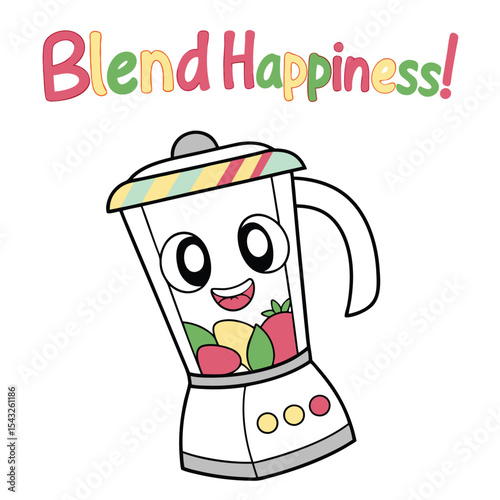 Flat design vector of a happy blender with fruits and caption 'Blend Happiness!'. Perfect for health, smoothies, and cheerful lifestyle themes. Not AI-Generated