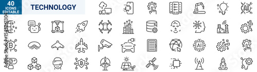 Technology web line icons. Artificial intelligence line icons. Ai, digital, brain, chip.
