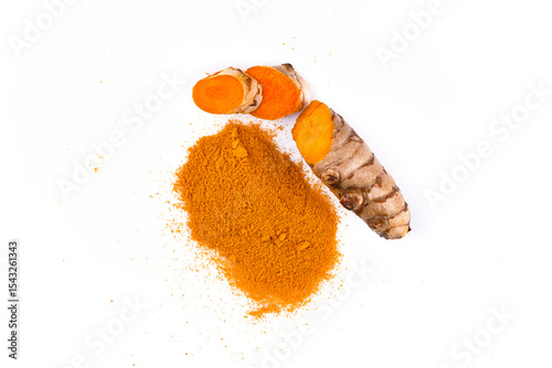 Fototapeta Naklejka Na Ścianę i Meble -  Turmeric with its magnificent orange color on a white background