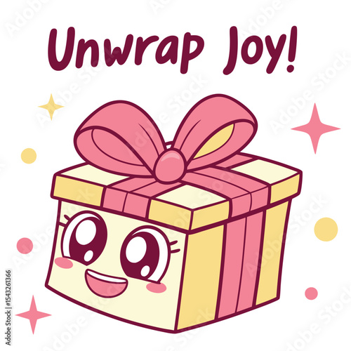 Flat design vector of a smiling gift box with the message 'Unwrap Joy!'. Perfect for celebration, happiness, and festive graphics. Not AI-Generated