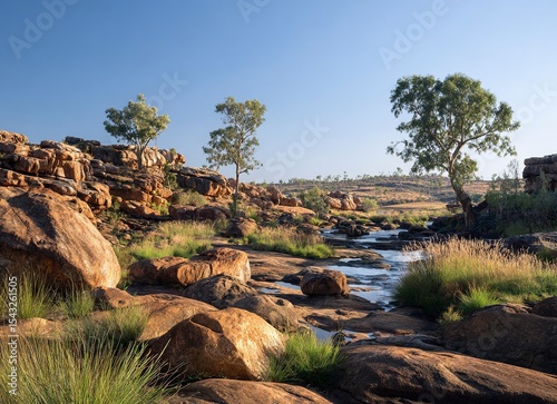 A beautiful landscape of the late afternoon in Australia's outback, with a clear blue sky, boulders and rocks on the ground surrounded by green vegetation around a small river, and a few eucalyptus 