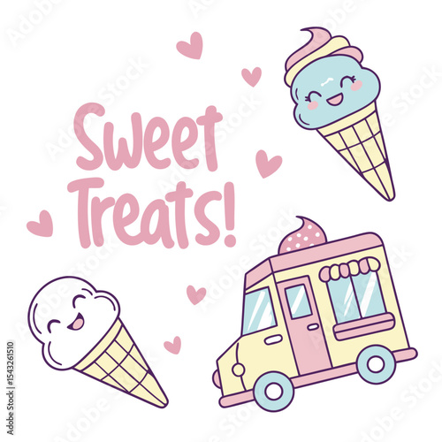 Flat design vector of happy ice cream and sweets with the phrase 'Sweet Treats!'. Ideal for dessert, fun, and food-related visuals. Not AI-Generated