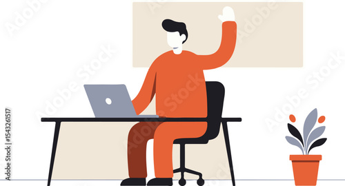 "Modern business website illustration: simple abstract character with one hand raised, neutral background, desk with small potted plant, clean vector style, no facial details, flat color."