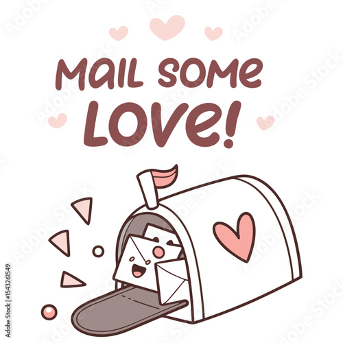 Flat design vector of a love letter and smiling heart with 'Mail Some Love!' text. Perfect for romance, kindness, and positive message content. Not AI-Generated
