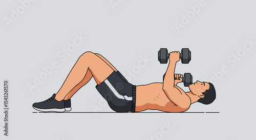 Flat vector depiction of person doing core workout using dumbbells