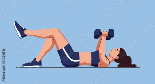 Flat vector depiction of person doing core workout using dumbbells
