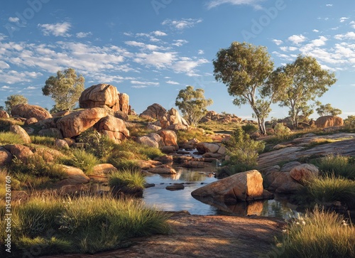 A beautiful landscape of the late afternoon in Australia's outback, with a clear blue sky, boulders and rocks on the ground surrounded by green vegetation around a small river, and a few eucalyptus 