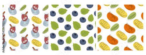 Mulled Wine with Spices Blueberries mint and citruses slices and tea leaves Seamless Patterns Set 