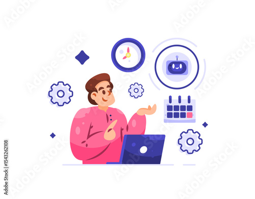 illustration of a businessman managing time and schedule using artificial intelligence. AI helps employees manage work time. robot assistant concept. job support. flat style character design