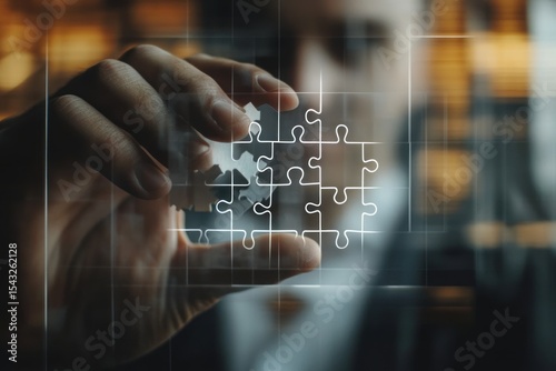 Manager choosing puzzle part on transparent screen, symbolizing business breakthrough