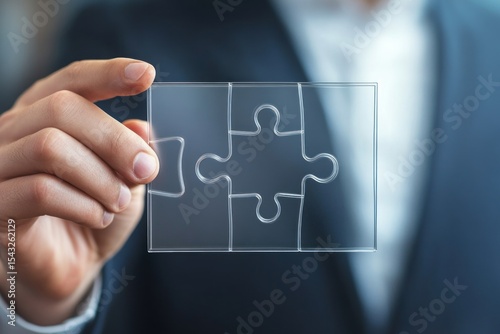 Manager choosing puzzle part on transparent screen, symbolizing business breakthrough