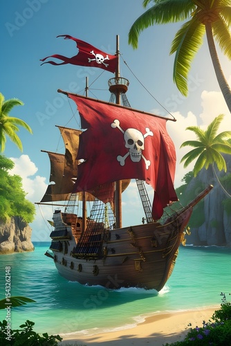 Vibrant Red-Sailed Pirate Ship Near Palm-Lined Shoreline