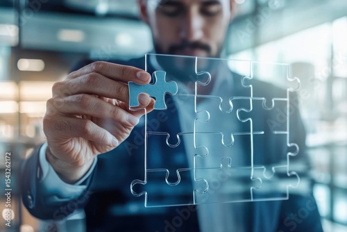 Manager choosing puzzle part on transparent screen, symbolizing business breakthrough