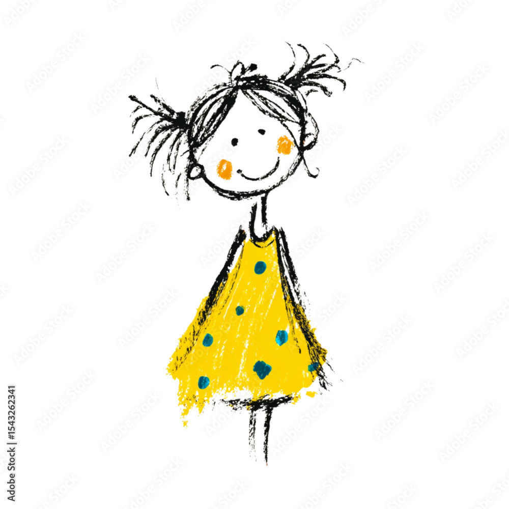 Fototapeta premium Playful little girl with pigtails wearing a yellow dress with dots 
