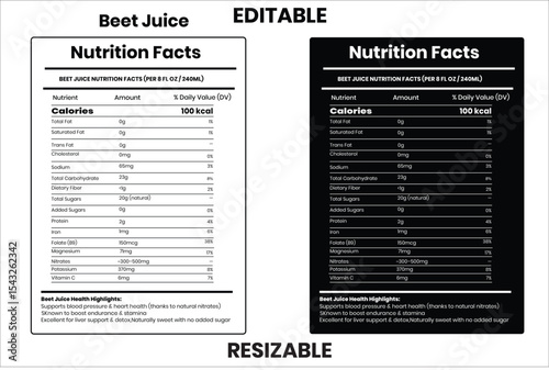 Beet Juice, nutrition facts, nutrition, nutrition label, calories in food, nutrition info, supplement facts, vector template
